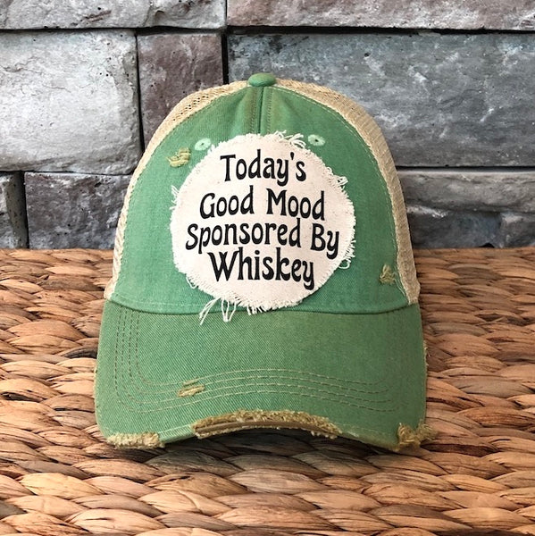Today's Good Mood Sponsored by Whiskey hat by BohoGroove with black lettering on a distressed off-white custom patch on a mint vintage distressed snapback.