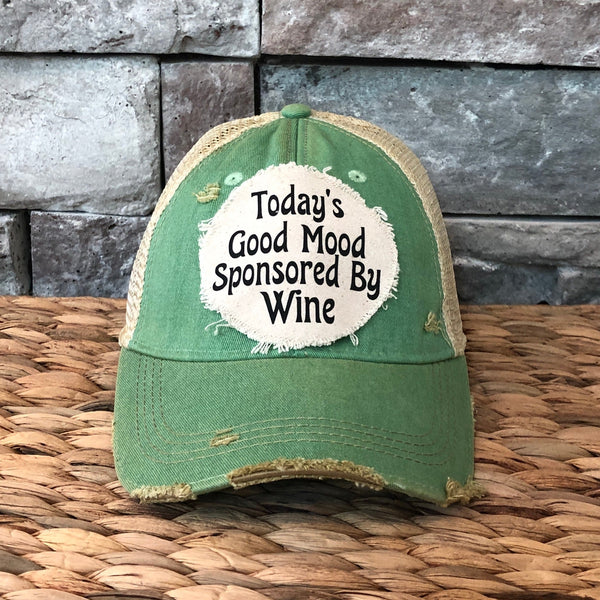 Today's Good Mood Sponsored by Wine hat by BohoGroove with black lettering on a distressed off-white custom patch on a mint vintage distressed snapback.
