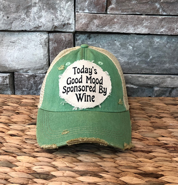 BohoGroove “Today’s Good Mood Sponsored by Wine” Hat – Funny Drinking Snapback Trucker | Vintage Distressed Wine Lover Baseball Cap