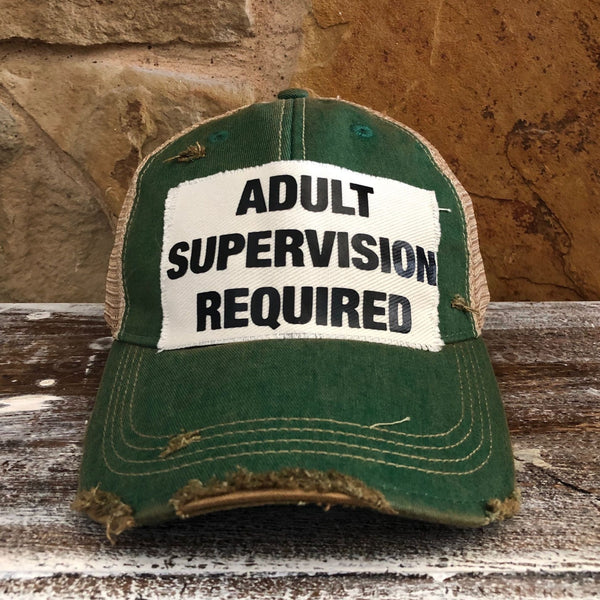 adult supervision required snapback hat green funny trucker cap
