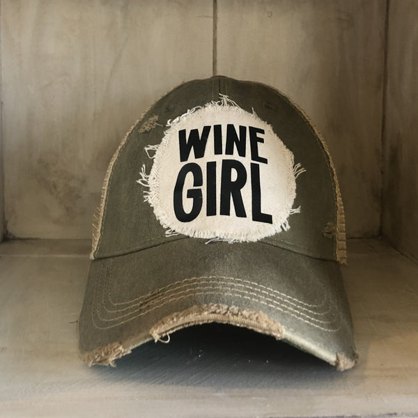 Wine Girl Hat, Women’s Ball Cap, Distressed Hat, Weathered Hat