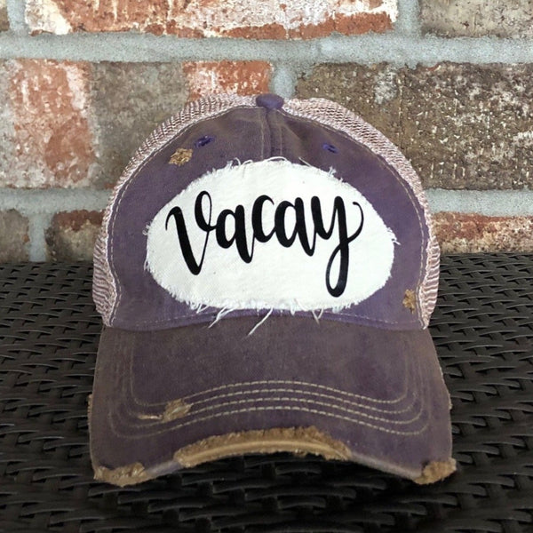 Vacay hat by BohoGroove with black Vacay lettering on distressed off-white patch and purple vintage distressed snapback