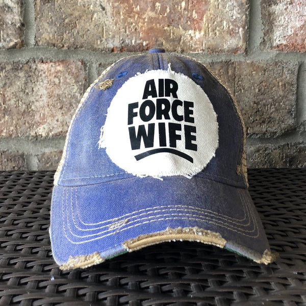 Air Force Wife hat by BohoGroove with black Air Force Wife lettering on a distressed off-white patch on a royal blue vintage distressed snapback.