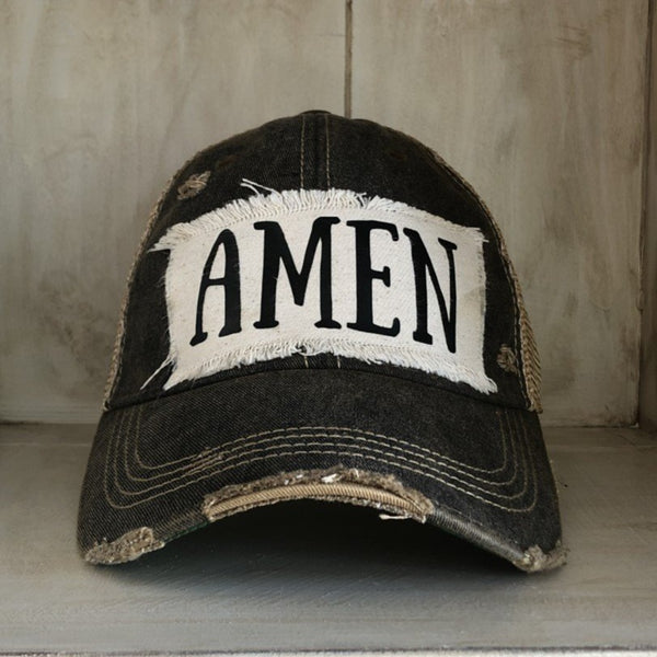 Amen hat by BohoGroove with black Amen lettering on distressed off-white patch on a black vintage distressed snapback.