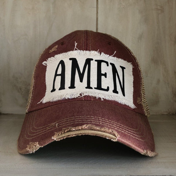 Amen hat by BohoGroove with black Amen lettering on distressed off-white patch on a brick red vintage distressed snapback.