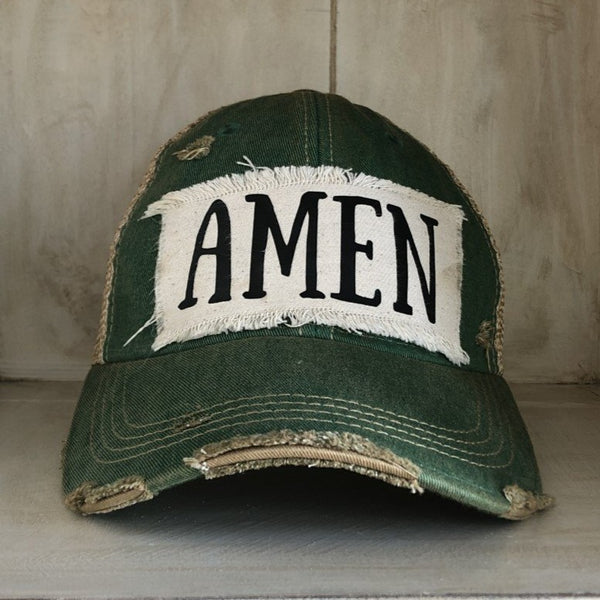 Amen hat by BohoGroove with black Amen lettering on distressed off-white patch on a green vintage distressed snapback.