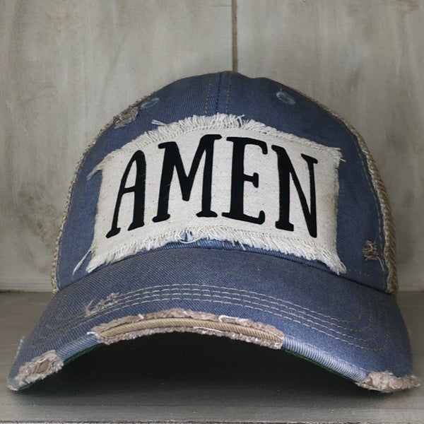 Amen hat by BohoGroove with black Amen lettering on distressed off-white patch on an light blue vintage distressed snapback.
