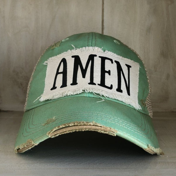 Amen hat by BohoGroove with black Amen lettering on distressed off-white patch on a mint vintage distressed snapback.