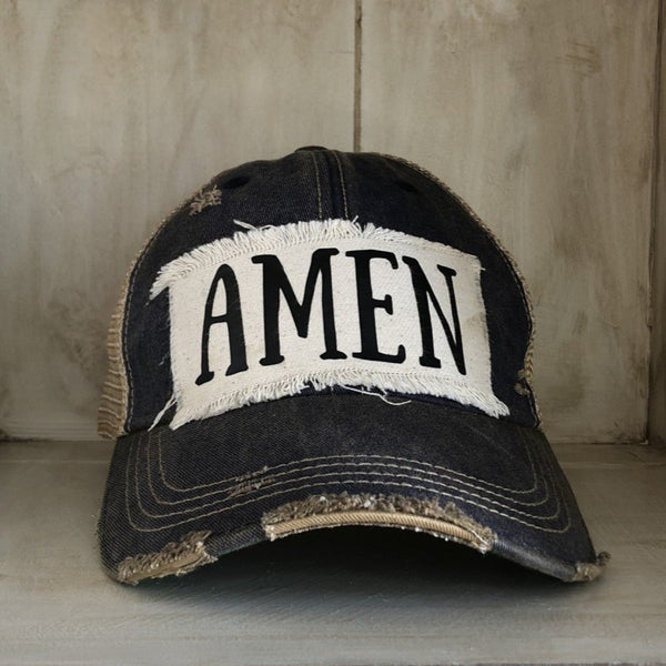 Amen hat by BohoGroove with black Amen lettering on distressed off-white patch on a navy vintage distressed snapback.