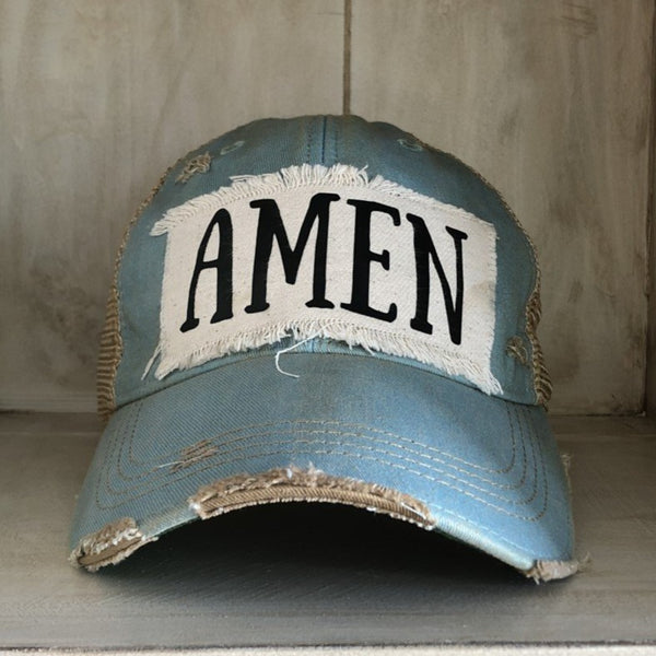 Amen hat by BohoGroove with black Amen lettering on distressed off-white patch on an ocean blue vintage distressed snapback.