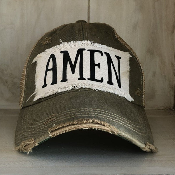 Amen hat by BohoGroove with black Amen lettering on distressed off-white patch on an olive vintage distressed snapback.