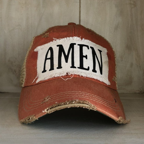 Amen hat by BohoGroove with black Amen lettering on distressed off-white patch on an orange vintage distressed snapback.
