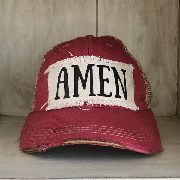 Amen hat by BohoGroove with black Amen lettering on distressed off-white patch on a pink vintage distressed snapback.