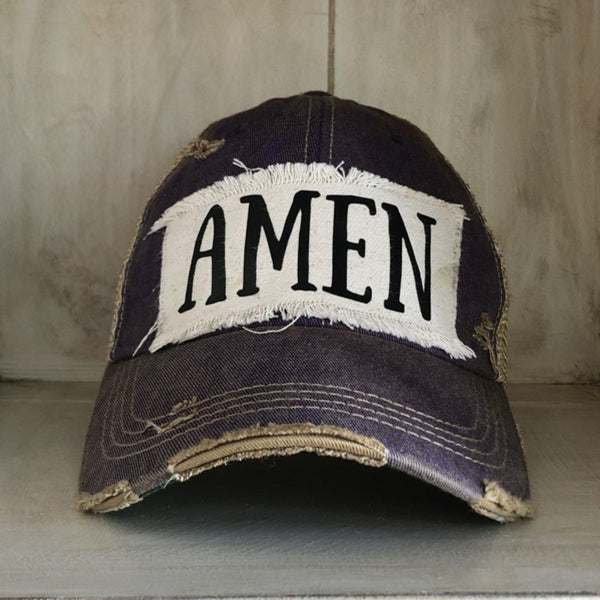 Amen hat by BohoGroove with black Amen lettering on distressed off-white patch on a purple vintage distressed snapback.