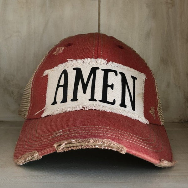 Amen hat by BohoGroove with black Amen lettering on distressed off-white patch on a red vintage distressed snapback.