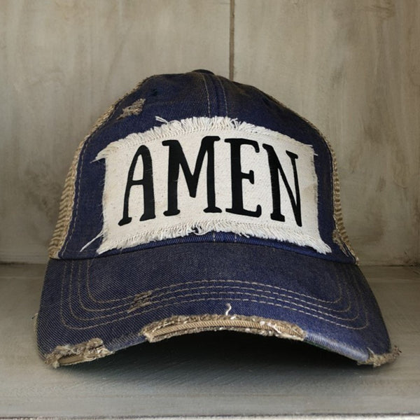 Amen hat by BohoGroove with black Amen lettering on distressed off-white patch on a royal blue vintage distressed snapback.