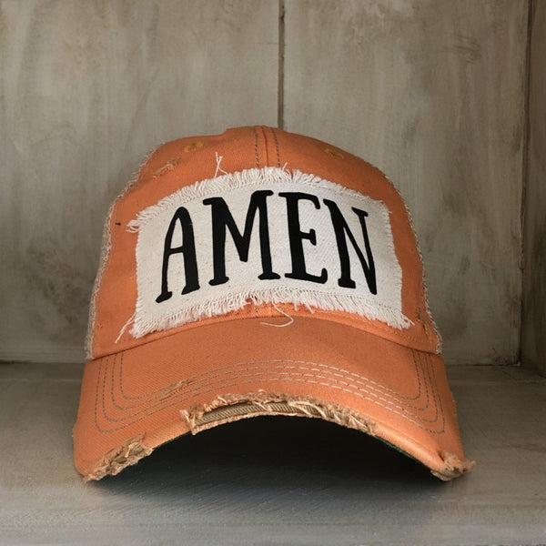 Amen hat by BohoGroove with black Amen lettering on distressed off-white patch on a sherbet vintage distressed snapback.