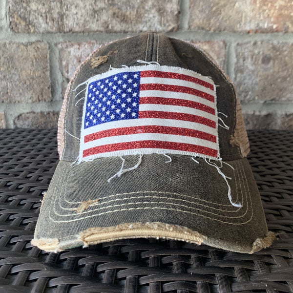 American Flag glitter hat by BohoGroove with sparkly patriotic red white and blue patch on black vintage distressed snapback