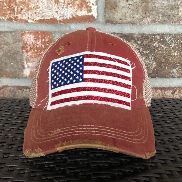 American Flag glitter hat by BohoGroove with sparkly patriotic red white and blue patch on camo vintage distressed snapback