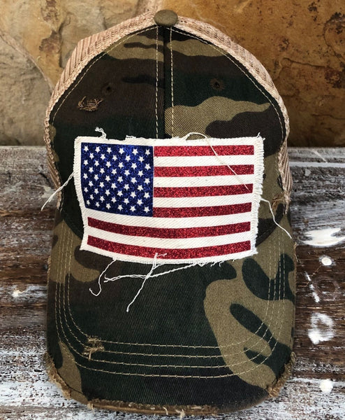 American Flag glitter hat by BohoGroove with sparkly patriotic red white and blue patch on camo vintage distressed snapback