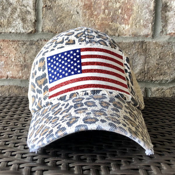 American Flag glitter hat by BohoGroove with sparkly patriotic red white and blue patch on leopard vintage distressed snapback