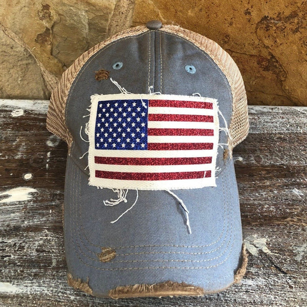 American Flag glitter hat by BohoGroove with sparkly patriotic red white and blue patch on light blue vintage distressed snapback