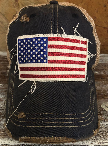 American Flag glitter hat by BohoGroove with sparkly patriotic red white and blue patch on navy blue vintage distressed snapback