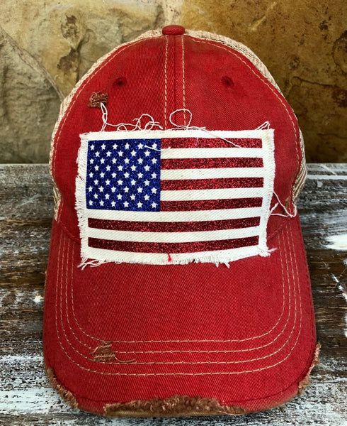 American Flag glitter hat by BohoGroove with sparkly patriotic red white and blue patch on red vintage distressed snapback