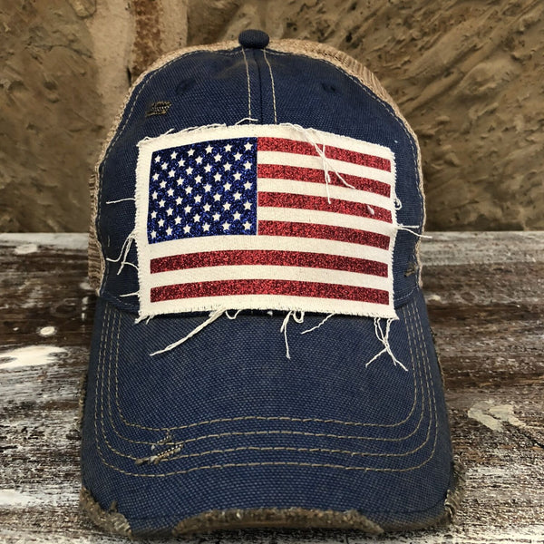 American Flag glitter hat by BohoGroove with sparkly patriotic red white and blue patch on royal blue vintage distressed snapback