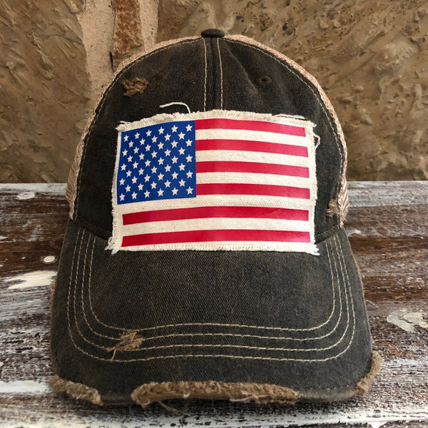 American Flag hat by BohoGroove with patriotic red white and blue patch on black vintage distressed snapback