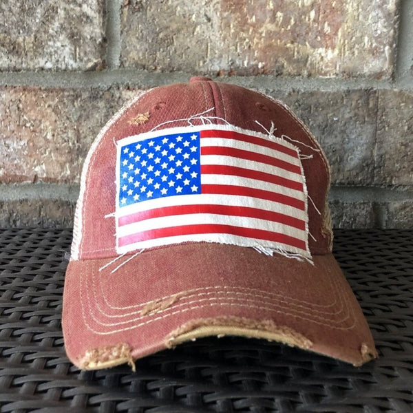 American Flag hat by BohoGroove with patriotic red white and blue patch on brick red vintage distressed snapback
