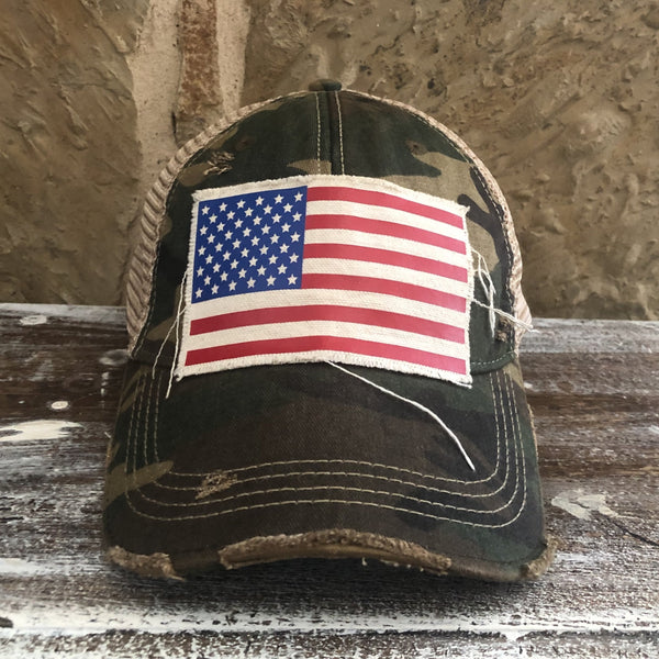 American Flag hat by BohoGroove with patriotic red white and blue patch on camo vintage distressed snapback