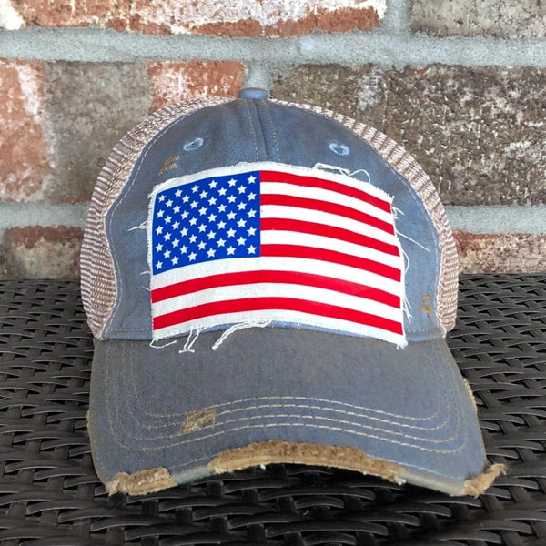 American Flag hat by BohoGroove with patriotic red white and blue patch on light blue vintage distressed snapback