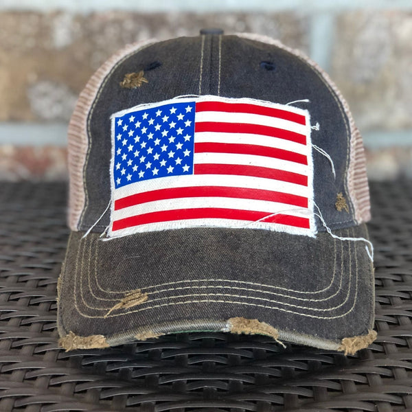 American Flag hat by BohoGroove with patriotic red white and blue patch on navy blue vintage distressed snapback