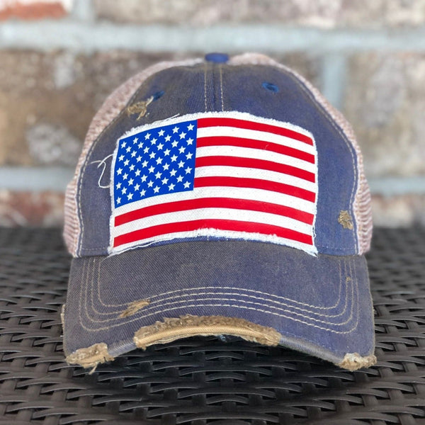 American Flag hat by BohoGroove with patriotic red white and blue patch on royal blue vintage distressed snapback