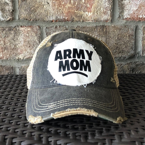 Army Mom hat by BohoGroove with black Army Mom lettering on a distressed off-white patch on a black vintage distressed snapback.