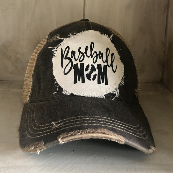 Baseball Mom hat by BohoGroove featuring black Baseball Mom lettering on a black vintage distressed snapback hat