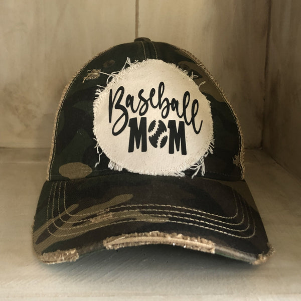 Baseball Mom hat by BohoGroove featuring black Baseball Mom lettering on a camo vintage distressed snapback hat