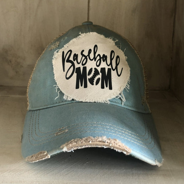 Baseball Mom hat by BohoGroove featuring black Baseball Mom lettering on an ocean blue vintage distressed snapback hat