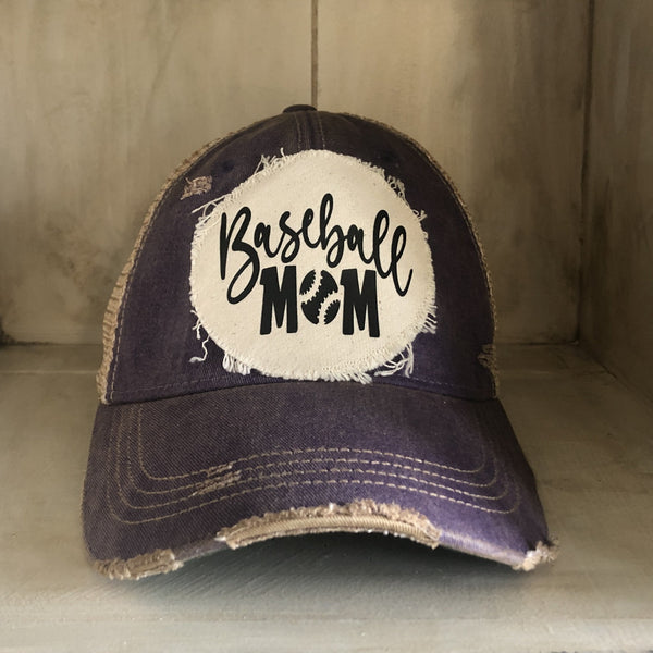 Baseball Mom hat by BohoGroove featuring black Baseball Mom lettering on a purple vintage distressed snapback hat