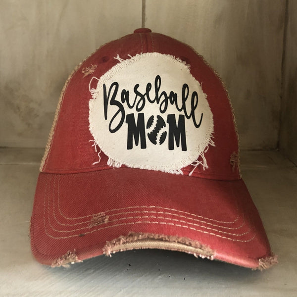 Baseball Mom hat by BohoGroove featuring black Baseball Mom lettering on a red vintage distressed snapback hat