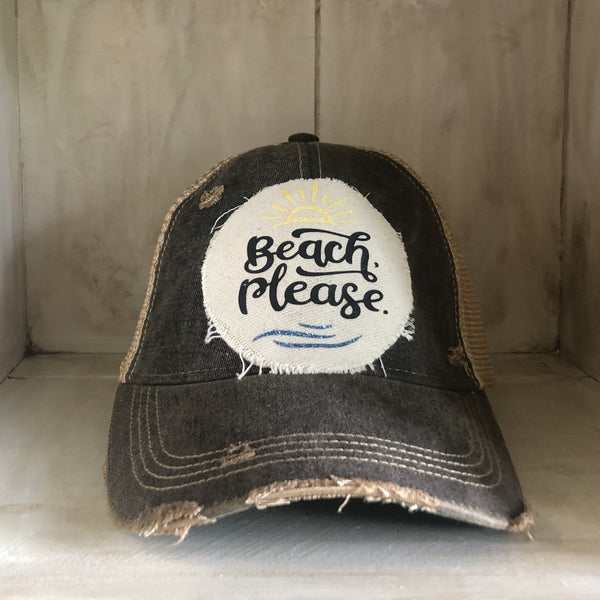 Beach Please hat by BohoGroove with black Beach Please lettering, yellow sun graphic, and blue wave graphic on distressed off-white patch and black vintage distressed snapback.