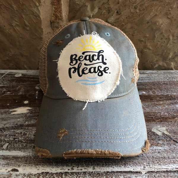 Beach Please hat by BohoGroove with black Beach Please lettering, yellow sun graphic, and blue wave graphic on distressed off-white patch and light blue vintage distressed snapback.