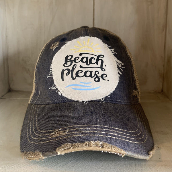 Beach Please hat by BohoGroove with black Beach Please lettering, yellow sun graphic, and blue wave graphic on distressed off-white patch on a navy blue vintage distressed snapback.