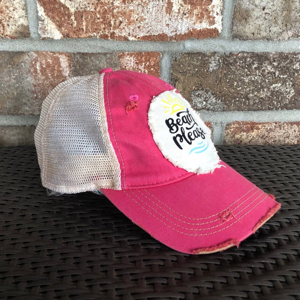 Beach Please hat by BohoGroove with black Beach Please lettering, yellow sun graphic, and blue wave graphic on distressed off-white patch and pink vintage distressed snapback.
