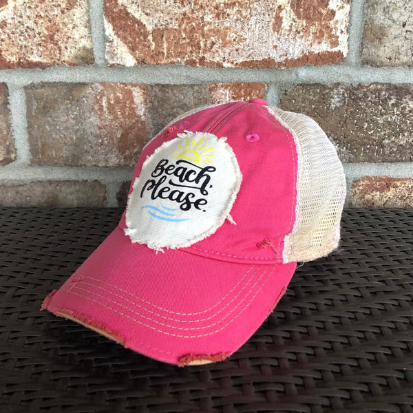 Beach Please hat by BohoGroove with black Beach Please lettering, yellow sun graphic, and blue wave graphic on distressed off-white patch and pink vintage distressed snapback.