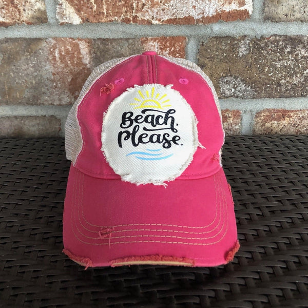 Beach Please hat by BohoGroove with black Beach Please lettering, yellow sun graphic, and blue wave graphic on distressed off-white patch and pink vintage distressed snapback.