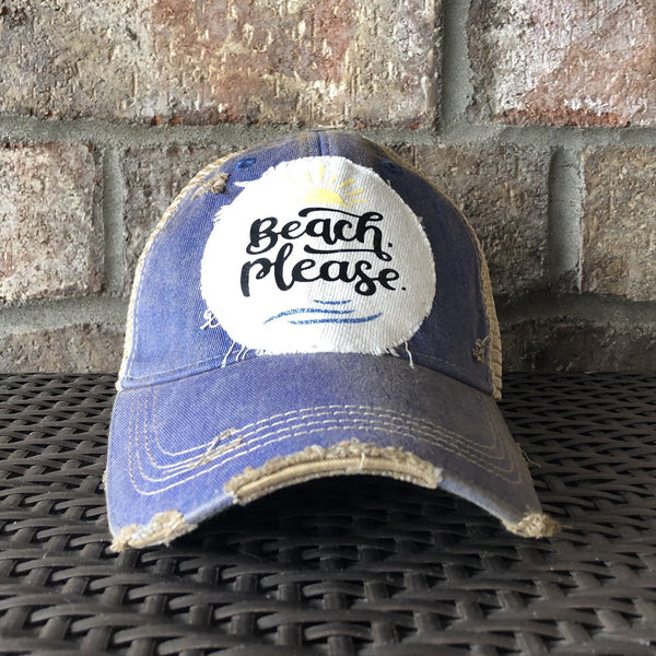 Beach Please hat by BohoGroove with black Beach Please lettering, yellow sun graphic, and blue wave graphic on distressed off-white patch and royal blue vintage distressed snapback.