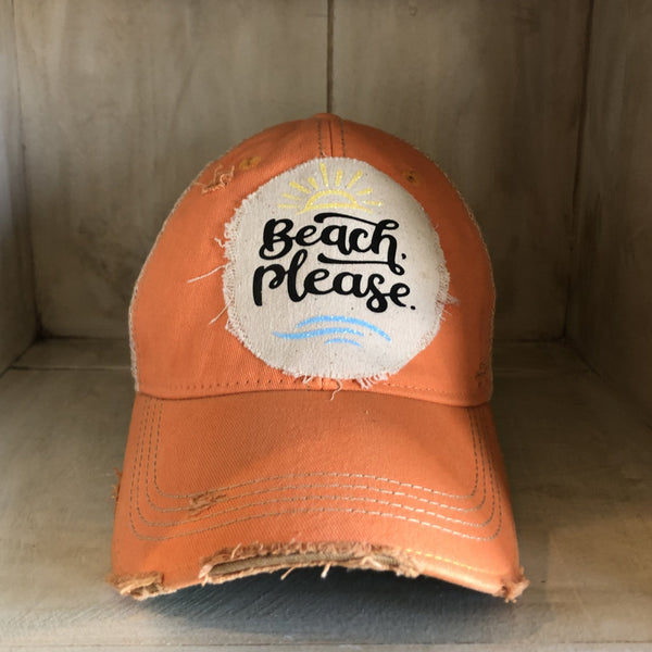 Beach Please hat by BohoGroove with black Beach Please lettering, yellow sun graphic, and blue wave graphic on distressed off-white patch and sherbet vintage distressed snapback.