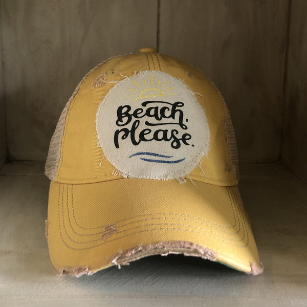 Beach Please hat by BohoGroove with black Beach Please lettering, yellow sun graphic, and blue wave graphic on distressed off-white patch and yellow vintage distressed snapback.